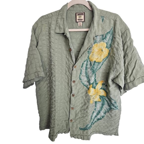VTG Tommy Bahama Silk Shirt Men L Green Floral Seersucker Hawaiian Vacation - Picture 1 of 8